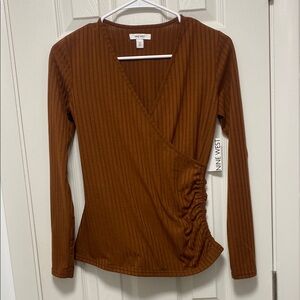 Nine West Brown Ribbed Wrap Top NWT